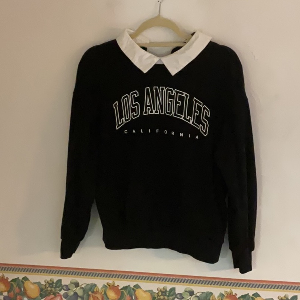 Sale! SHEIN Contrast Collar Letter Graphic Sweatshirt, Size S, Black/White - Picture 1 of 12